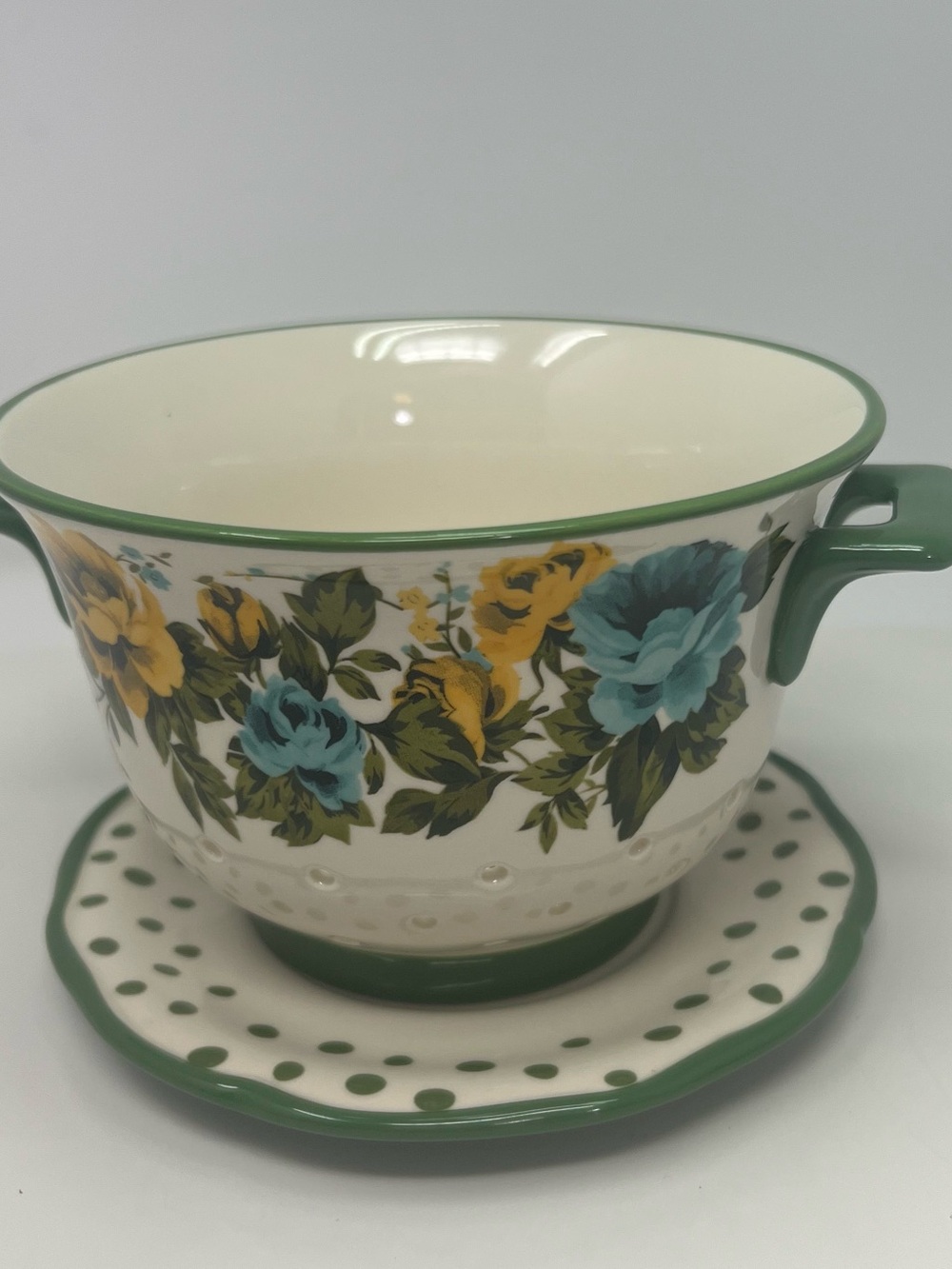 Pioneer Woman Rose Shadow Green Ceramic Berry Colander Strainer Drip Plate